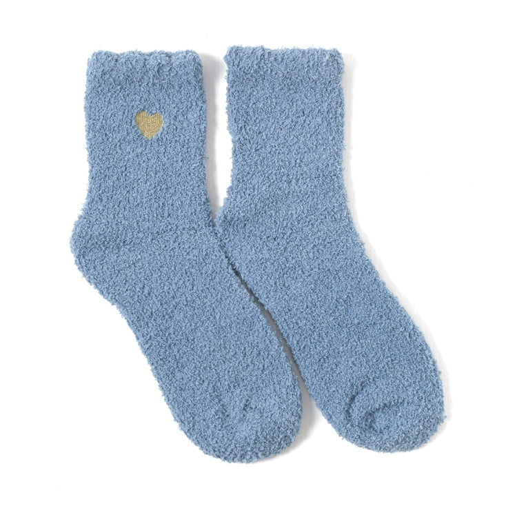 Embroidered Gold Thread Heart Coral Fleece Floor Socks for Women – Polyester (Polyamide) Material (Multiple Color Options)