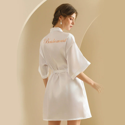 White Bridesmaid Half-Sleeve Satin Nightgown – Elegant Bridal Party Loungewear, Silky Fabric with "Bridesmaid" Embroidery