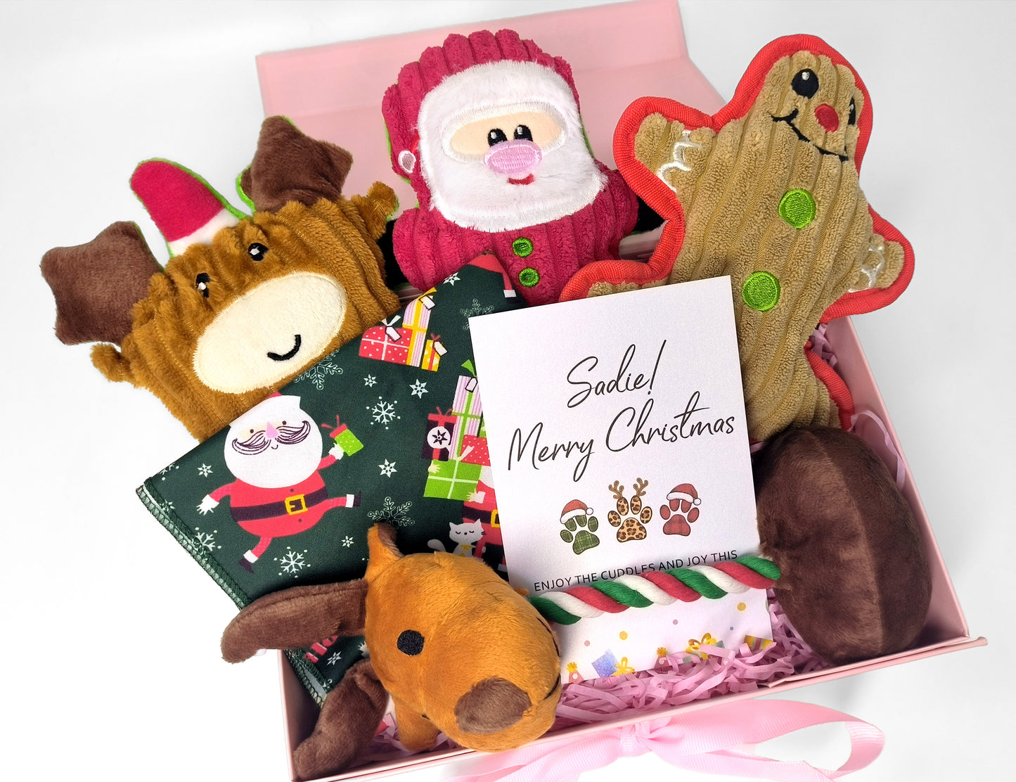 Personalized Christmas Pet Gift Box – Custom Greeting Card, Festive Toy Set & Holiday Bandana for Dogs & Cats (Medium Pink Ribbon Box, 26×19×8cm)