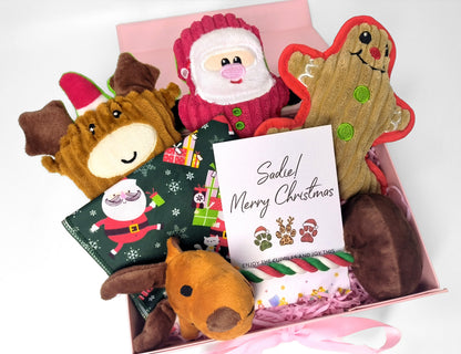 Personalized Christmas Pet Gift Box – Custom Greeting Card, Festive Toy Set & Holiday Bandana for Dogs & Cats (Medium Pink Ribbon Box, 26×19×8cm)
