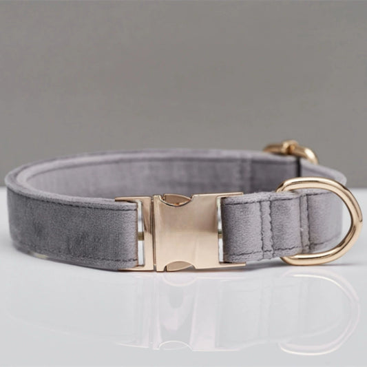 Gray Velvet Pet Dog Collar – Adjustable Design with Engravable Rose Gold Metal Buckle