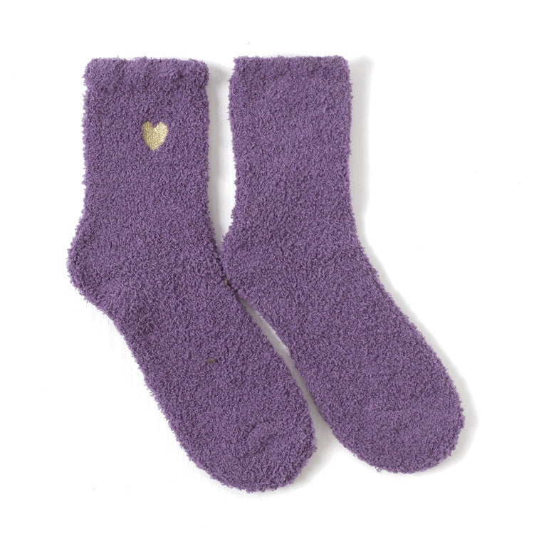 Embroidered Gold Thread Heart Coral Fleece Floor Socks for Women – Polyester (Polyamide) Material (Multiple Color Options)