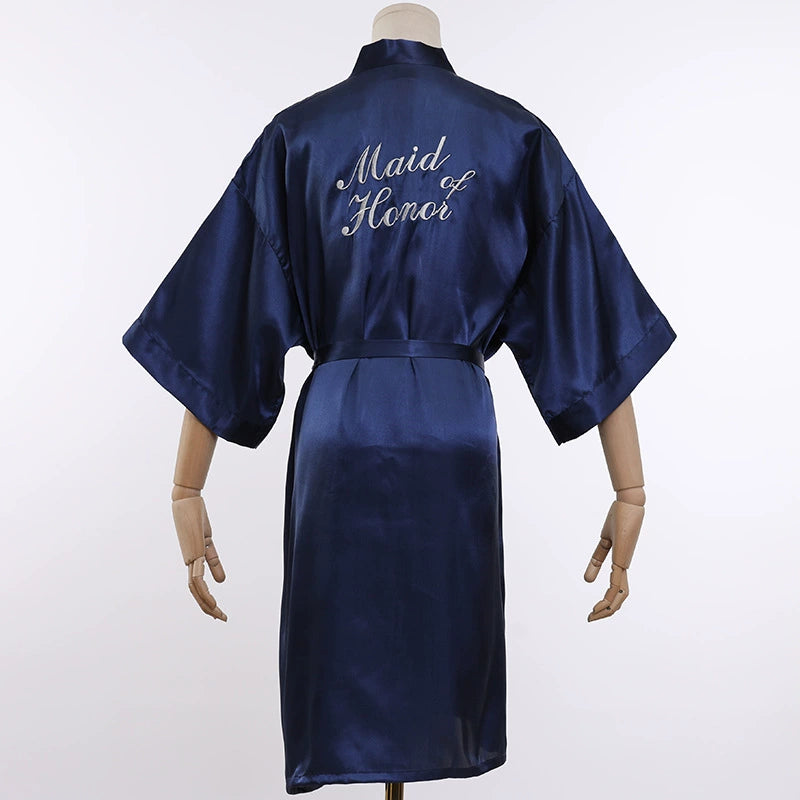 Royal Blue Maid of Honor Half-Sleeve Satin Nightgown – Sophisticated Bridal Party Loungewear, Silky Fabric with "Maid of Honor" Embroidery