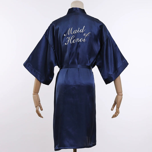 Royal Blue Maid of Honor Half-Sleeve Satin Nightgown – Sophisticated Bridal Party Loungewear, Silky Fabric with "Maid of Honor" Embroidery