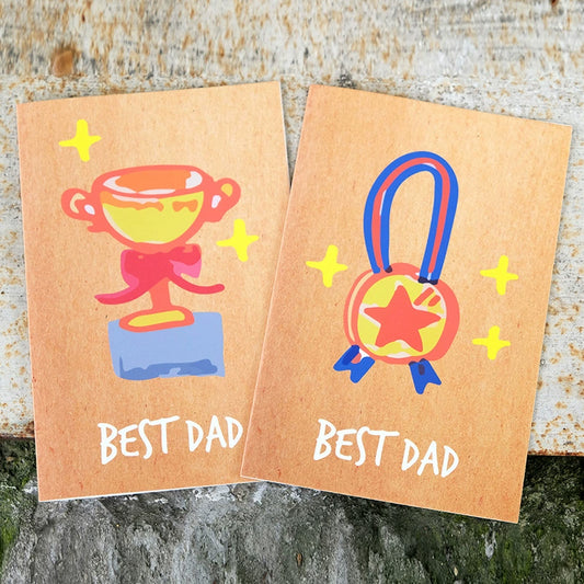 "Best Teacher/Best Dad" Hand-Drawn Thank You Card (Kraft Paper Style) – Trophy/Medal Design Greeting Card