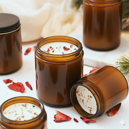Scented Candle with Dried Flowers (Smokeless) – Amber Glass Jar & Black Lid