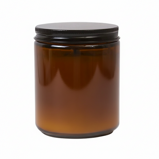 Scented Candle with Dried Flowers (Smokeless) – Amber Glass Jar & Black Lid