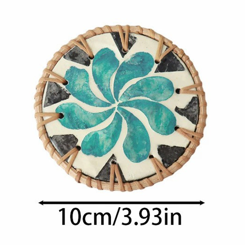 Rattan-Woven Ceramic Coaster (10cm) – Heat-Resistant Cup Mat with Shell & Floral Decor