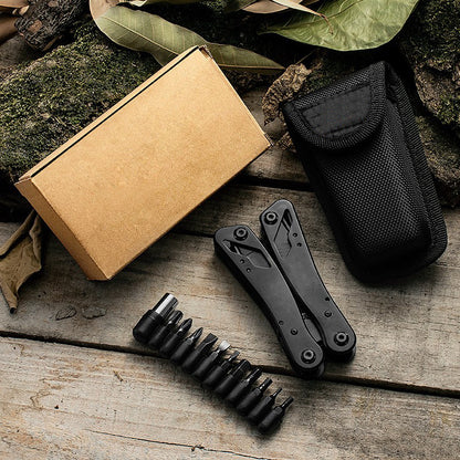 Stainless Steel Blackened Multi-Functional Mini Folding Pliers – Outdoor EDC Tool with Screwdriver Bits & Storage Pouch