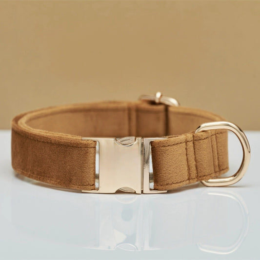 Coffee Brown Velvet Pet Dog Collar – Adjustable Design with Engravable Metal Buckle