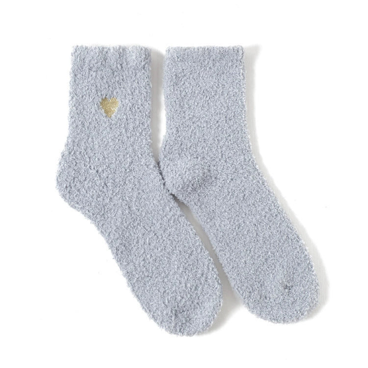 Embroidered Gold Thread Heart Coral Fleece Floor Socks for Women – Polyester (Polyamide) Material (Multiple Color Options)