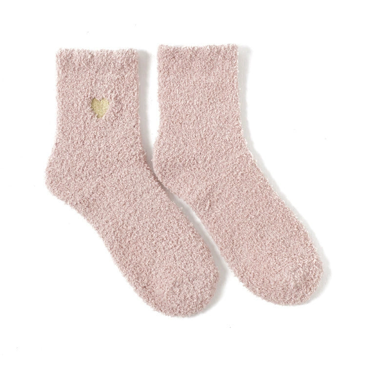 Embroidered Gold Thread Heart Coral Fleece Floor Socks for Women – Polyester (Polyamide) Material (Multiple Color Options)