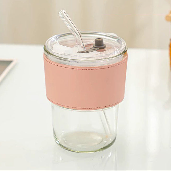 Aesthetic 400ml Glass Tumbler with Straw, Lid & Insulated Sleeve