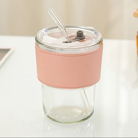 Aesthetic 400ml Glass Tumbler with Straw, Lid & Insulated Sleeve