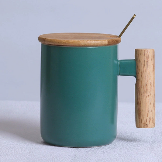Wood Handle Ceramic Mug (Multiple Colors) – Straight Cylinder with Lid & Spoon