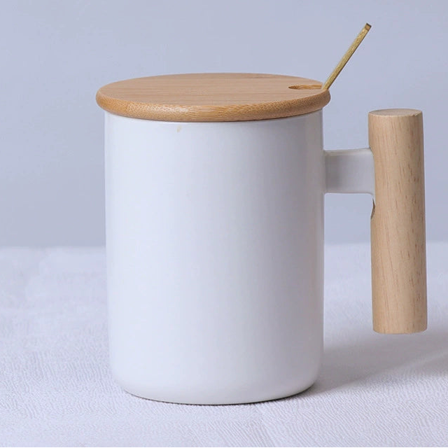 Wood Handle Ceramic Mug (Multiple Colors) – Straight Cylinder with Lid & Spoon