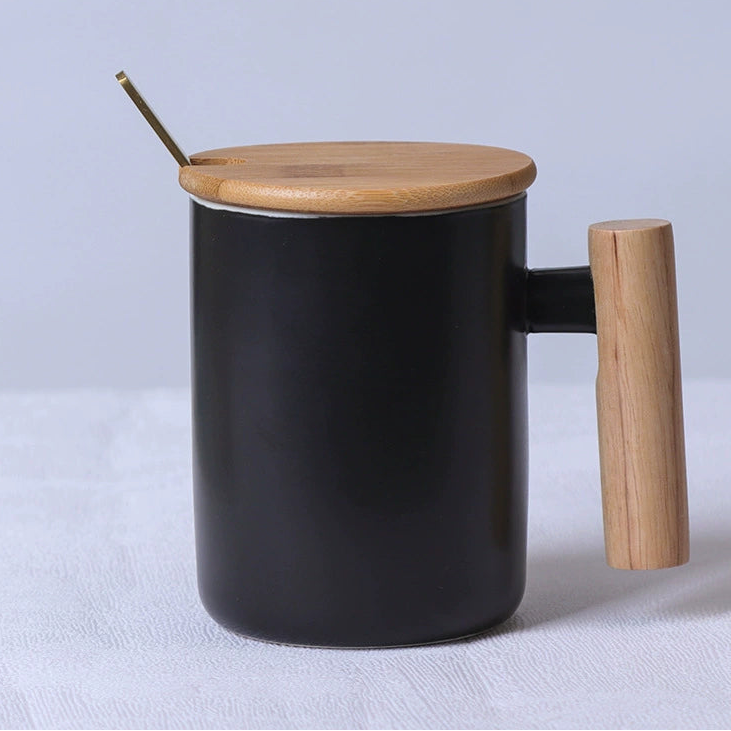 Wood Handle Ceramic Mug (Multiple Colors) – Straight Cylinder with Lid & Spoon